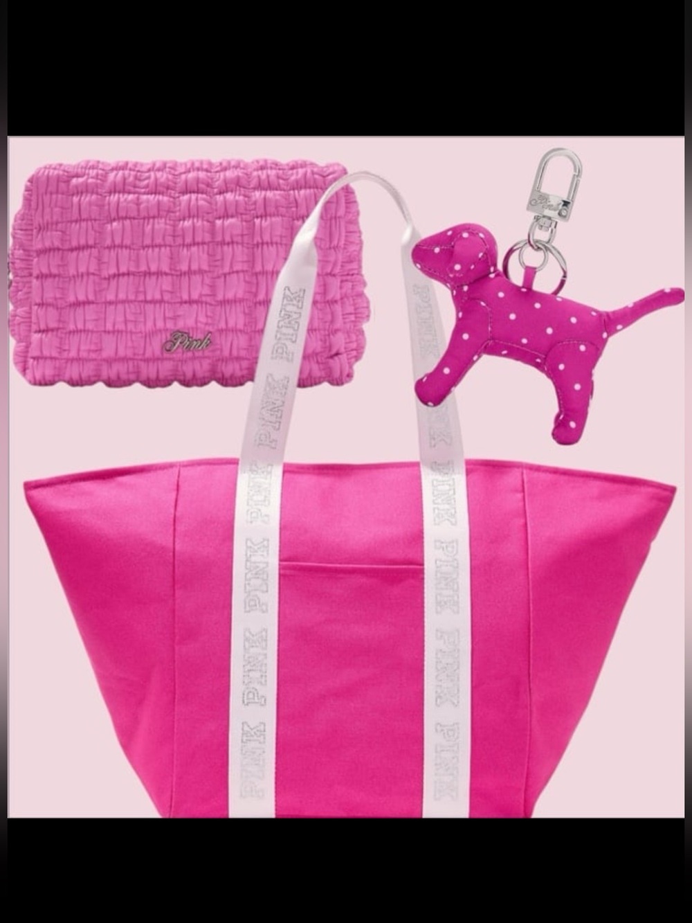Pink Tote Bag, Cosmetic Bag & pink polka dot dog keychain